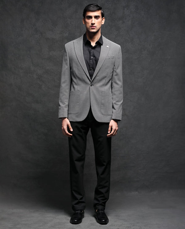 Rare Rabbit Men's Mellion Black Polyester Viscose Fabric Peak Lapel Single Breasted Tailored Fit Jacquard Blazer