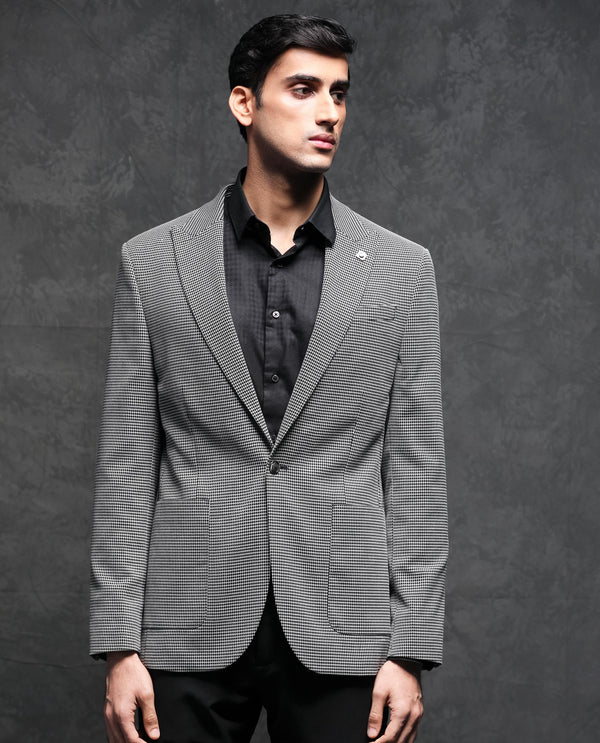 Rare Rabbit Men's Mellion Black Polyester Viscose Fabric Peak Lapel Single Breasted Tailored Fit Jacquard Blazer