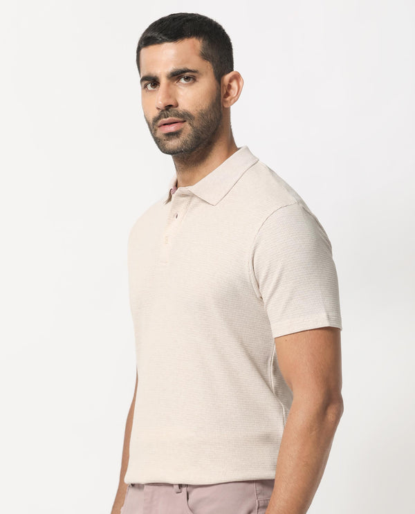 Rare Rabbit Men's Mello Beige Cotton Polyester Fabric Collared Neck Half Sleeves Textured Polo T-Shirt