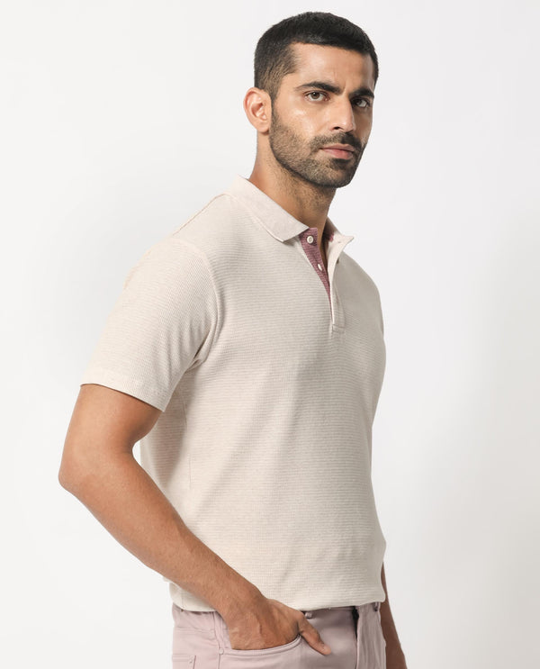 Rare Rabbit Men's Mello Beige Cotton Polyester Fabric Collared Neck Half Sleeves Textured Polo T-Shirt