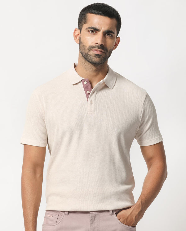 Rare Rabbit Men's Mello Beige Cotton Polyester Fabric Collared Neck Half Sleeves Textured Polo T-Shirt