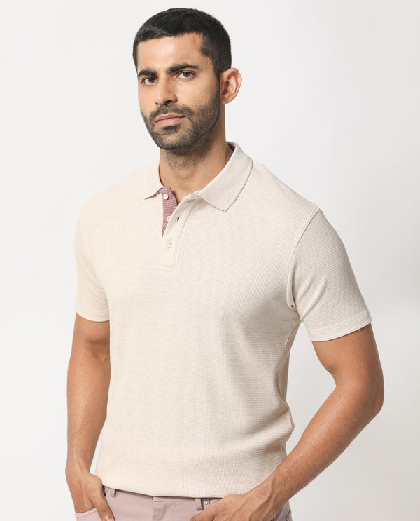Rare Rabbit Men's Mello Beige Cotton Polyester Fabric Collared Neck Half Sleeves Textured Polo T-Shirt
