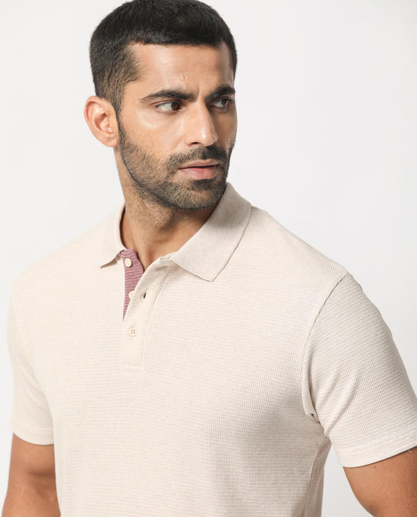 Rare Rabbit Men's Mello Beige Cotton Polyester Fabric Collared Neck Half Sleeves Textured Polo T-Shirt