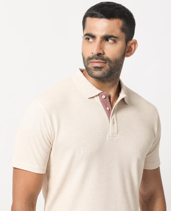 Rare Rabbit Men's Mello Beige Cotton Polyester Fabric Collared Neck Half Sleeves Textured Polo T-Shirt