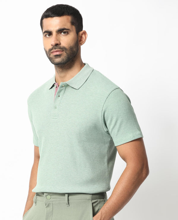 Rare Rabbit Men's Mello Dusky Green Cotton Polyester Fabric Collared Neck Half Sleeves Textured Polo T-Shirt