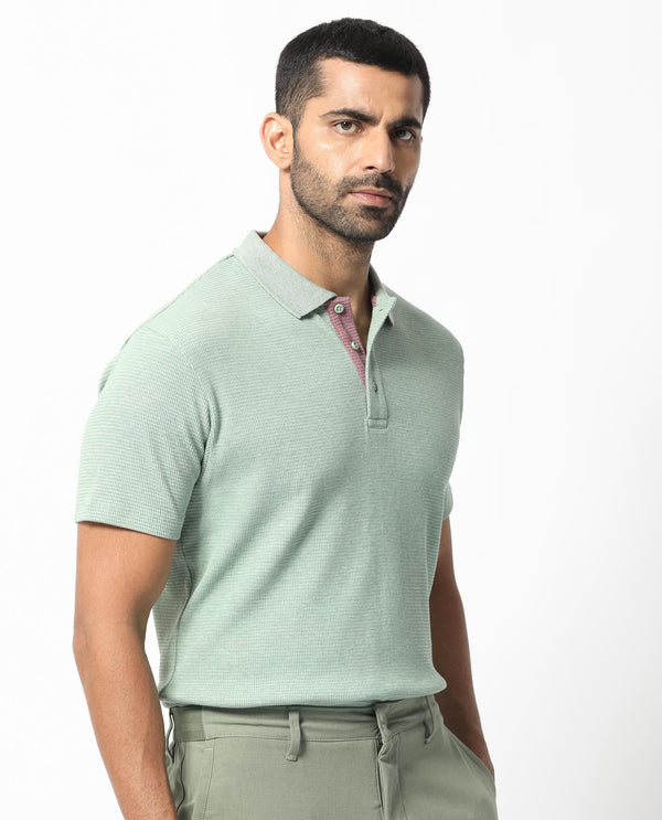 Rare Rabbit Men's Mello Dusky Green Cotton Polyester Fabric Collared Neck Half Sleeves Textured Polo T-Shirt