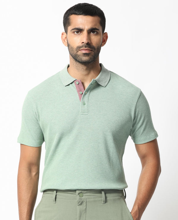 Rare Rabbit Men's Mello Dusky Green Cotton Polyester Fabric Collared Neck Half Sleeves Textured Polo T-Shirt
