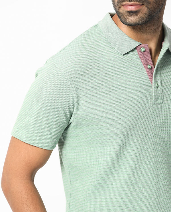Rare Rabbit Men's Mello Dusky Green Cotton Polyester Fabric Collared Neck Half Sleeves Textured Polo T-Shirt
