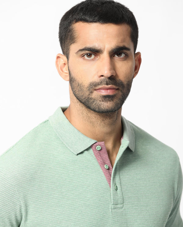Rare Rabbit Men's Mello Dusky Green Cotton Polyester Fabric Collared Neck Half Sleeves Textured Polo T-Shirt