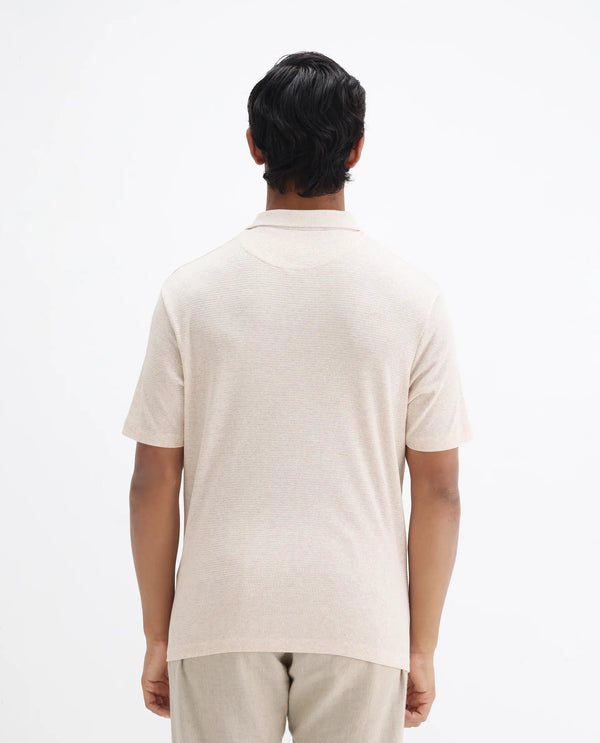 Rare Rabbit Men's Mello Beige Cotton Polyester Fabric Collared Neck Half Sleeves Textured Polo T-Shirt