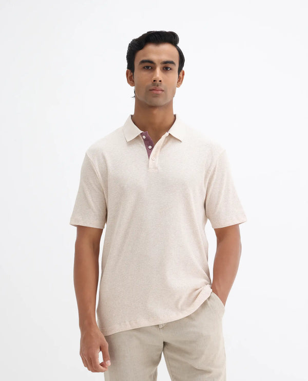 Rare Rabbit Men's Mello Beige Cotton Polyester Fabric Collared Neck Half Sleeves Textured Polo T-Shirt