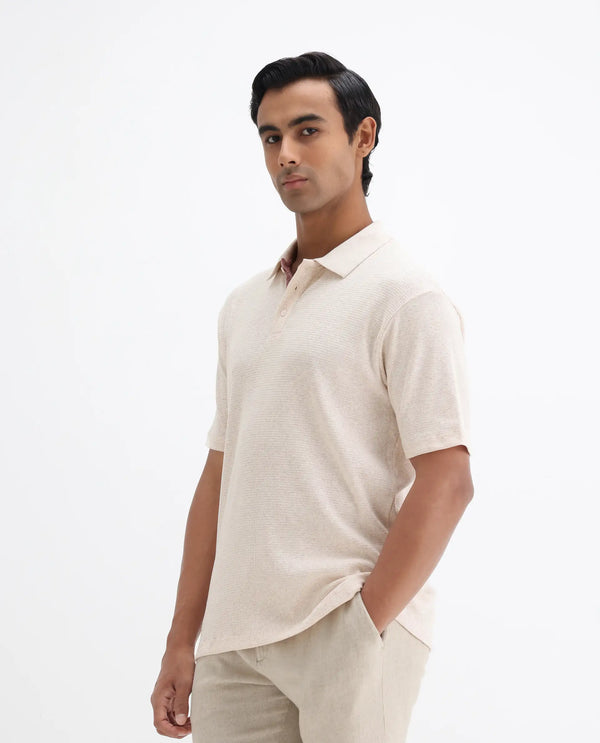 Rare Rabbit Men's Mello Beige Cotton Polyester Fabric Collared Neck Half Sleeves Textured Polo T-Shirt