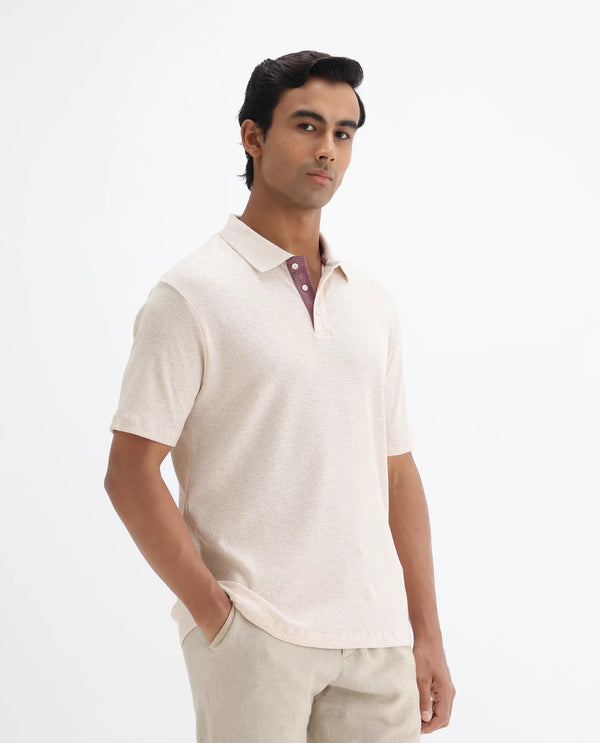 Rare Rabbit Men's Mello Beige Cotton Polyester Fabric Collared Neck Half Sleeves Textured Polo T-Shirt
