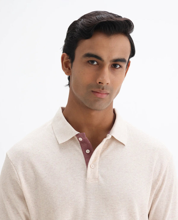 Rare Rabbit Men's Mello Beige Cotton Polyester Fabric Collared Neck Half Sleeves Textured Polo T-Shirt