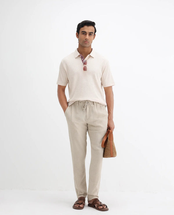 Rare Rabbit Men's Mello Beige Cotton Polyester Fabric Collared Neck Half Sleeves Textured Polo T-Shirt
