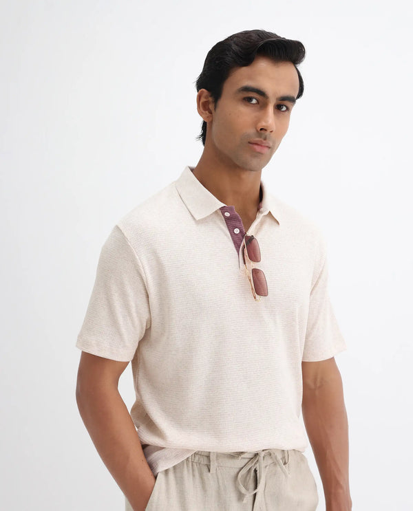 Rare Rabbit Men's Mello Beige Cotton Polyester Fabric Collared Neck Half Sleeves Textured Polo T-Shirt