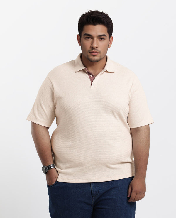 Rare Rabbit Men Mello-Big Beige Cotton Blend Half Sleeve Spread Collar Button Closure Plain Polo Plus Size