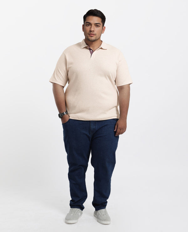 Rare Rabbit Men Mello-Big Beige Cotton Blend Half Sleeve Spread Collar Button Closure Plain Polo Plus Size