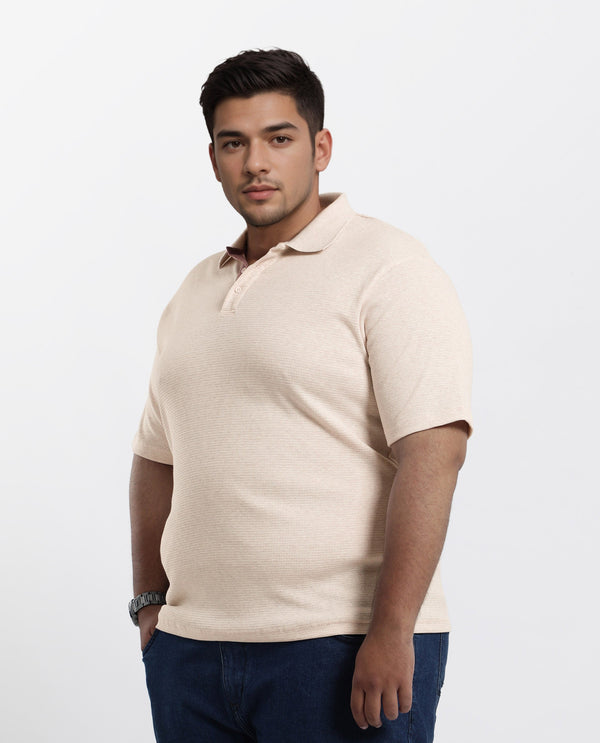 Rare Rabbit Men Mello-Big Beige Cotton Blend Half Sleeve Spread Collar Button Closure Plain Polo Plus Size