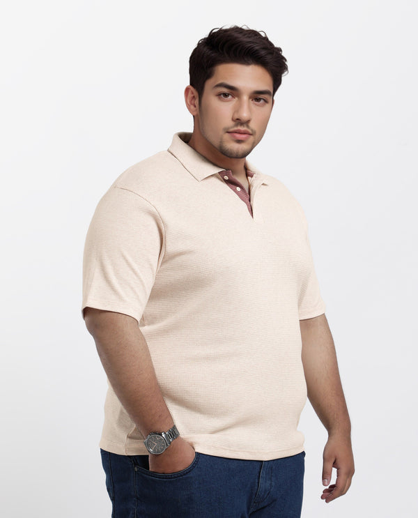 Rare Rabbit Men Mello-Big Beige Cotton Blend Half Sleeve Spread Collar Button Closure Plain Polo Plus Size