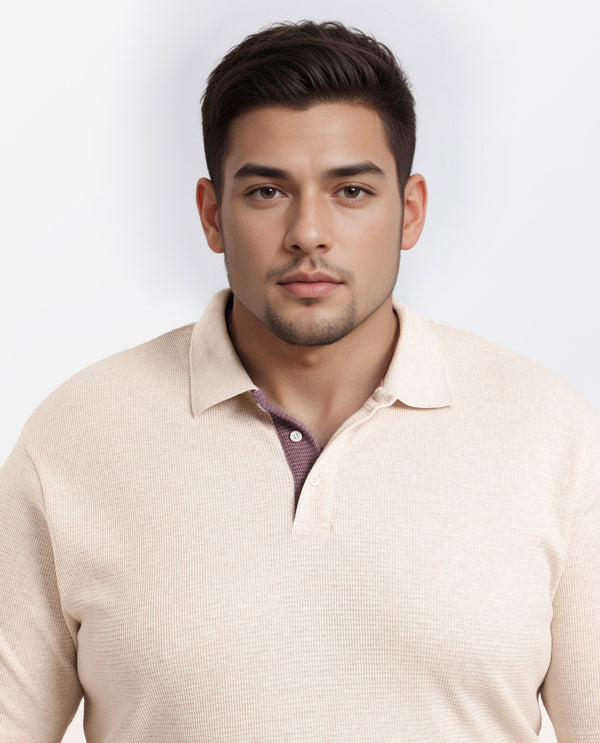 Rare Rabbit Men Mello-Big Beige Cotton Blend Half Sleeve Spread Collar Button Closure Plain Polo Plus Size