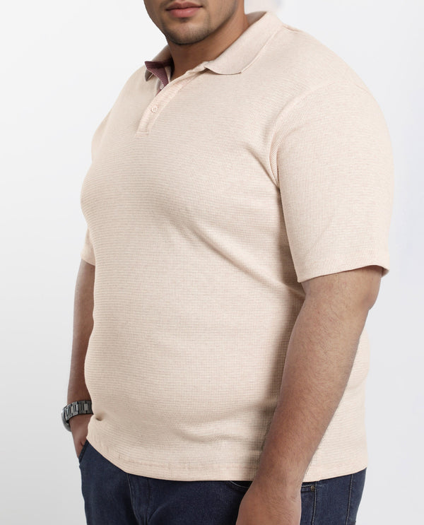 Rare Rabbit Men Mello-Big Beige Cotton Blend Half Sleeve Spread Collar Button Closure Plain Polo Plus Size