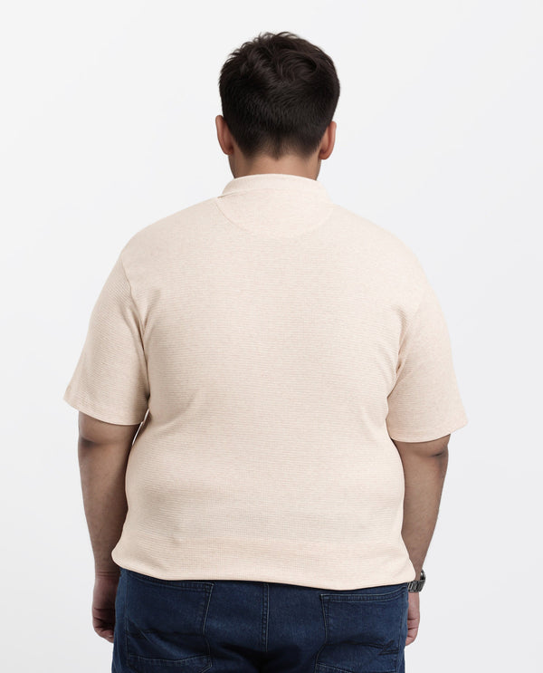 Rare Rabbit Men Mello-Big Beige Cotton Blend Half Sleeve Spread Collar Button Closure Plain Polo Plus Size