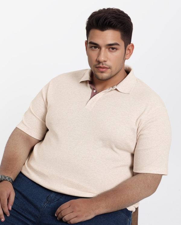 Rare Rabbit Men Mello-Big Beige Cotton Blend Half Sleeve Spread Collar Button Closure Plain Polo Plus Size