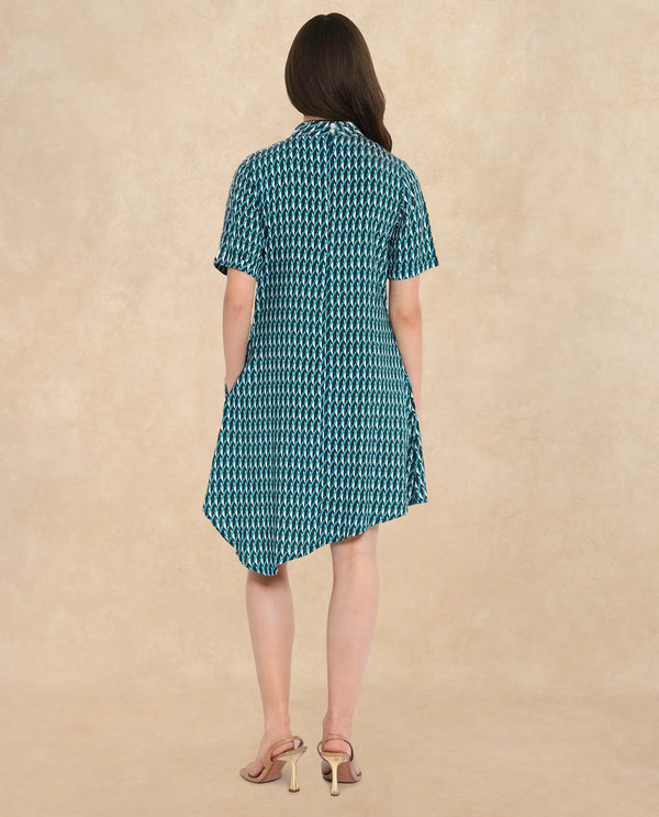 Rareism Women Mello Blue Button Closure Short Sleeve High Neck Geometric Print Knee Length Dress