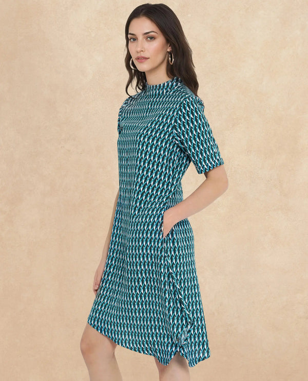 Rareism Women Mello Blue Button Closure Short Sleeve High Neck Geometric Print Knee Length Dress