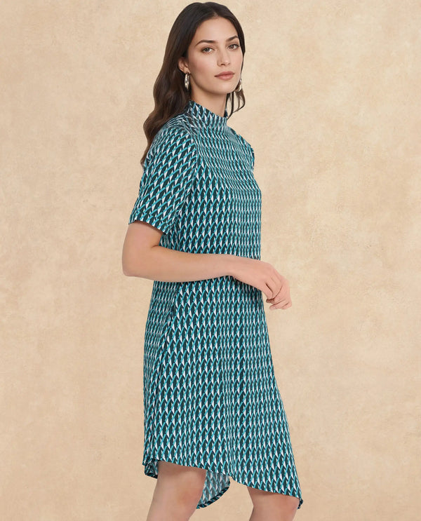 Rareism Women Mello Blue Button Closure Short Sleeve High Neck Geometric Print Knee Length Dress