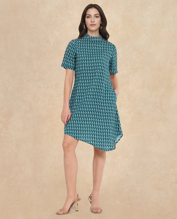 Rareism Women Mello Blue Button Closure Short Sleeve High Neck Geometric Print Knee Length Dress
