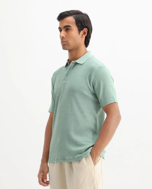 Rare Rabbit Men's Mello Dusky Green Cotton Polyester Fabric Collared Neck Half Sleeves Textured Polo T-Shirt
