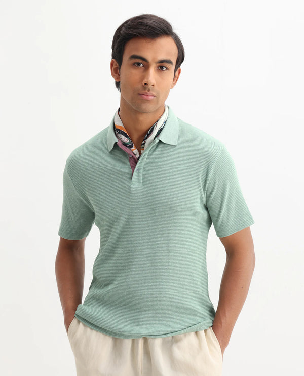 Rare Rabbit Men's Mello Dusky Green Cotton Polyester Fabric Collared Neck Half Sleeves Textured Polo T-Shirt