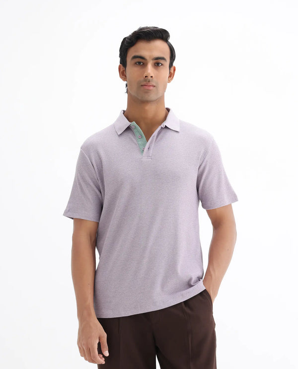 Rare Rabbit Men's Mello Dusky Purple Cotton Polyester Fabric Collared Neck Half Sleeves Textured Polo T-Shirt