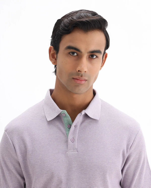 Rare Rabbit Men's Mello Dusky Purple Cotton Polyester Fabric Collared Neck Half Sleeves Textured Polo T-Shirt