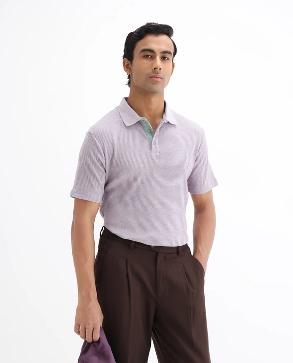 Rare Rabbit Men's Mello Dusky Purple Cotton Polyester Fabric Collared Neck Half Sleeves Textured Polo T-Shirt