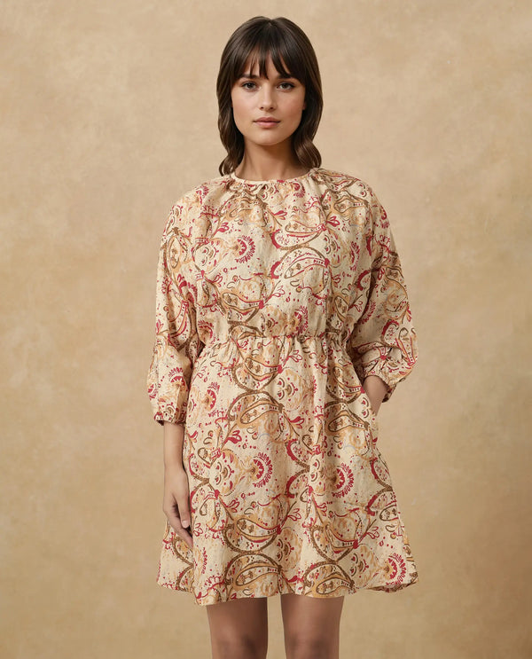 Rareism Women's Mellona Multi Polyester Fabric Round Neck Button Closure Full Sleeve Paisley Print Fit And Flare Mini Dress