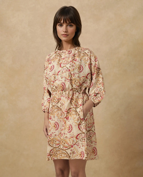 Rareism Women's Mellona Multi Polyester Fabric Round Neck Button Closure Full Sleeve Paisley Print Fit And Flare Mini Dress