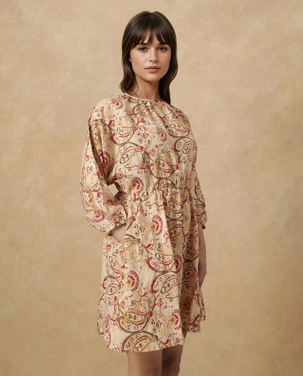 Rareism Women's Mellona Multi Polyester Fabric Round Neck Button Closure Full Sleeve Paisley Print Fit And Flare Mini Dress