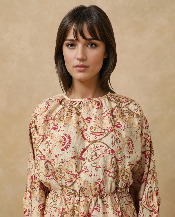 Rareism Women's Mellona Multi Polyester Fabric Round Neck Button Closure Full Sleeve Paisley Print Fit And Flare Mini Dress