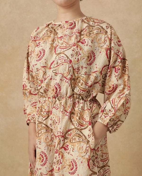 Rareism Women's Mellona Multi Polyester Fabric Round Neck Button Closure Full Sleeve Paisley Print Fit And Flare Mini Dress