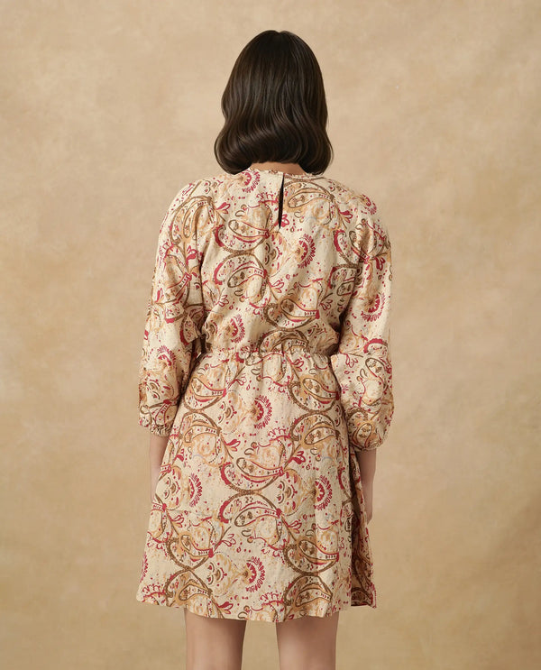 Rareism Women's Mellona Multi Polyester Fabric Round Neck Button Closure Full Sleeve Paisley Print Fit And Flare Mini Dress