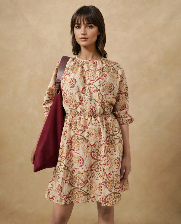 Rareism Women's Mellona Multi Polyester Fabric Round Neck Button Closure Full Sleeve Paisley Print Fit And Flare Mini Dress