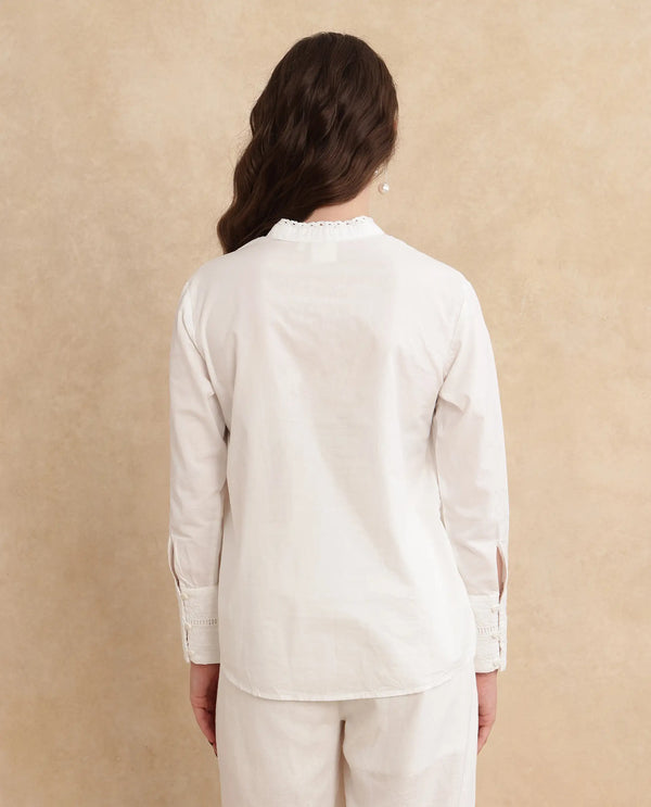 Rareism Women Melloyo Off White Cuffed Sleeves Mandarin Collar Button Closure Plain Top
