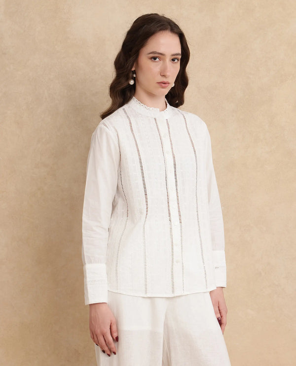 Rareism Women Melloyo Off White Cuffed Sleeves Mandarin Collar Button Closure Plain Top
