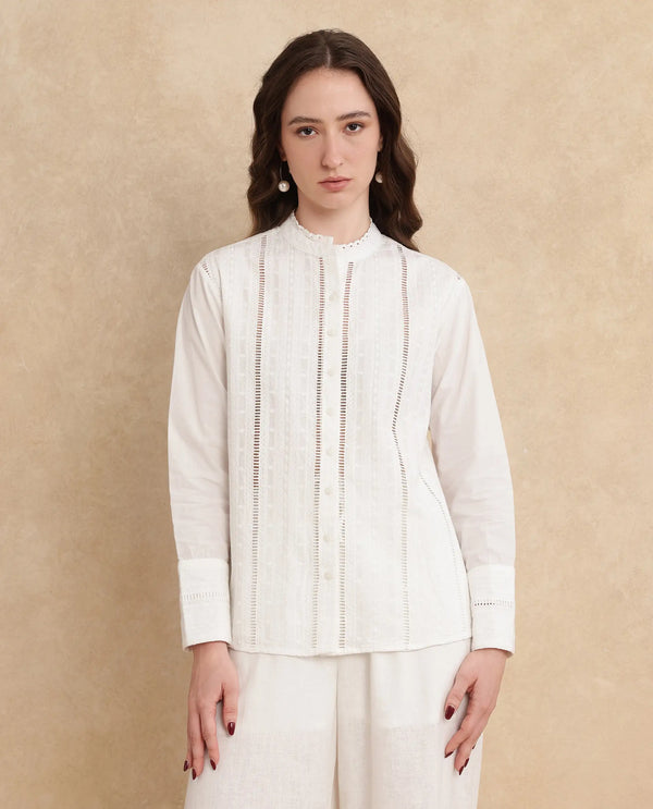 Rareism Women Melloyo Off White Cuffed Sleeves Mandarin Collar Button Closure Plain Top