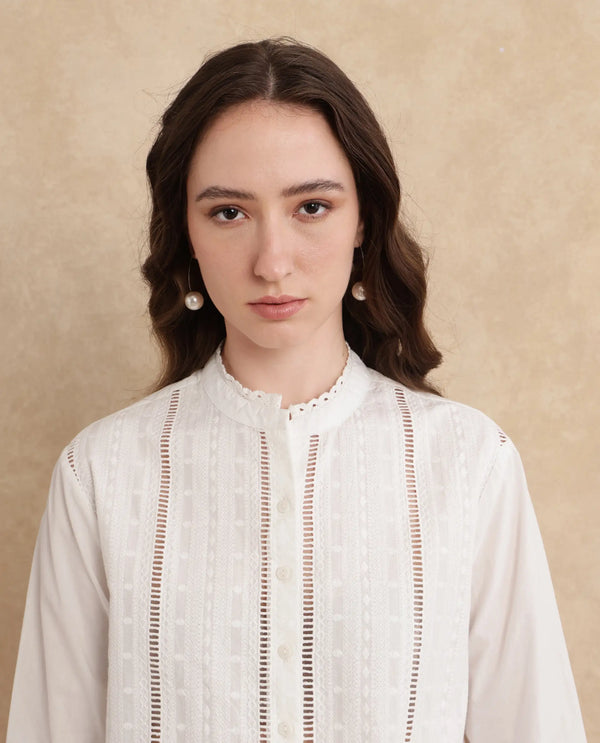 Rareism Women Melloyo Off White Cuffed Sleeves Mandarin Collar Button Closure Plain Top