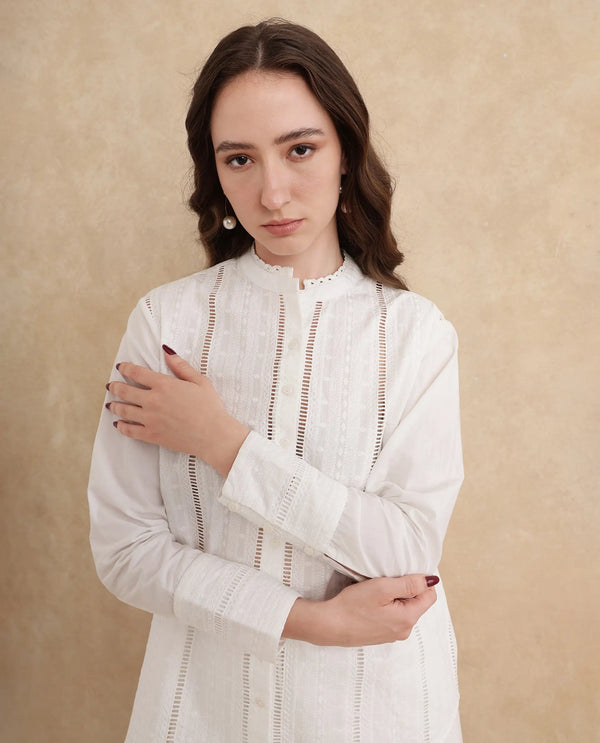 Rareism Women Melloyo Off White Cuffed Sleeves Mandarin Collar Button Closure Plain Top