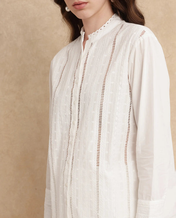 Rareism Women Melloyo Off White Cuffed Sleeves Mandarin Collar Button Closure Plain Top